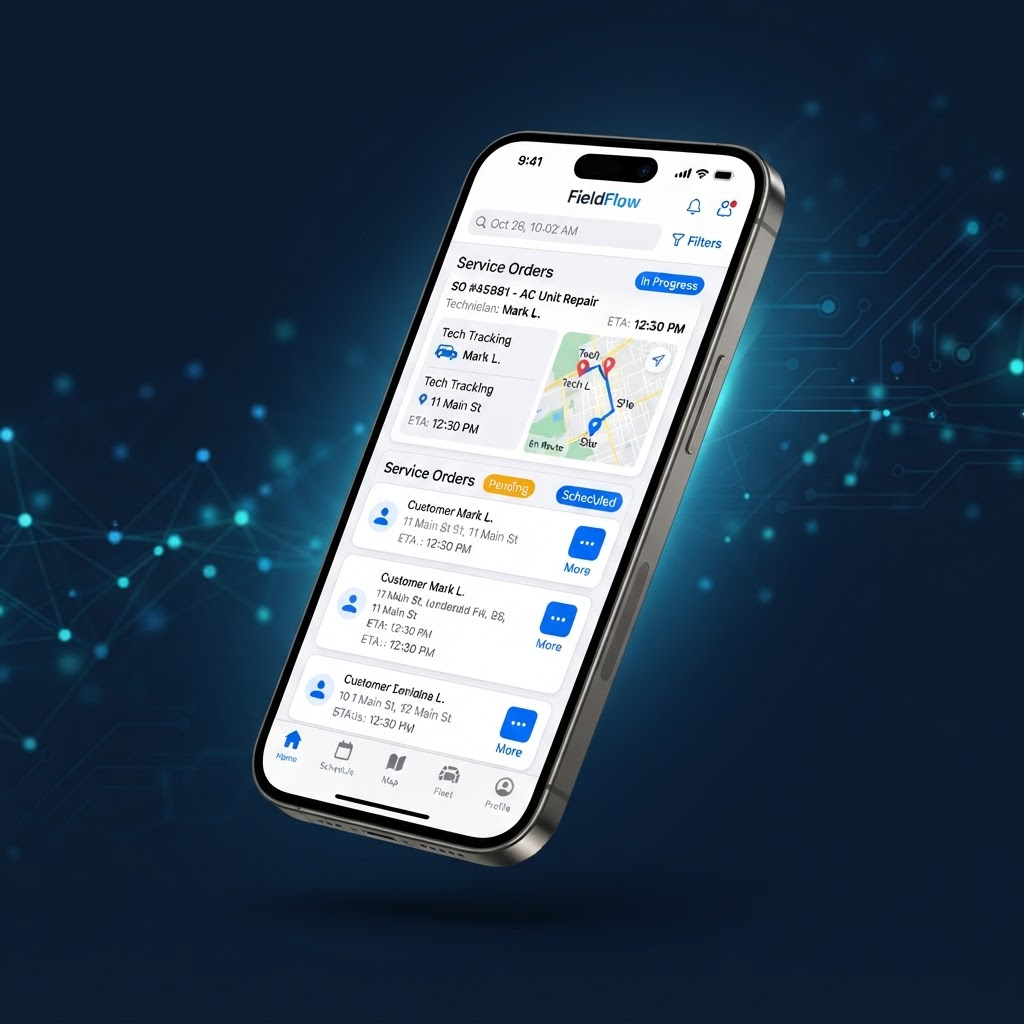 Aplicativo FieldHub em um smartphone mostrando ordens de serviço e mapa de acompanhamento